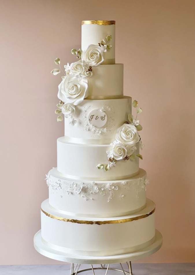 Garden Rose Wedding Cake with Monogram