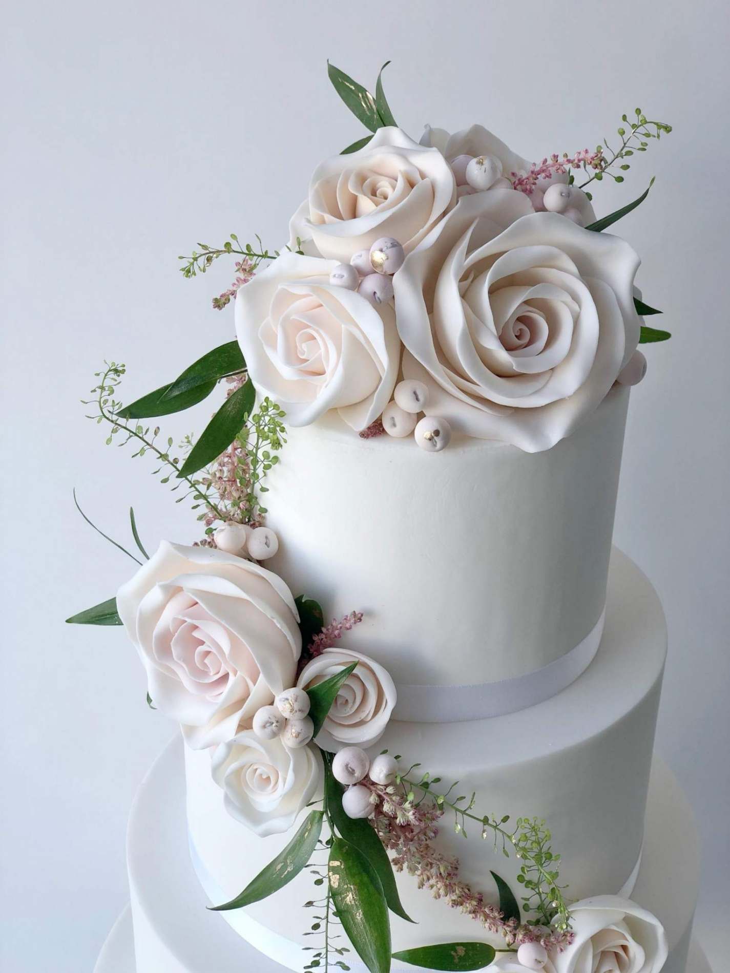 Blush Sugar Roses with Fresh Foliage | Wedding Cakes