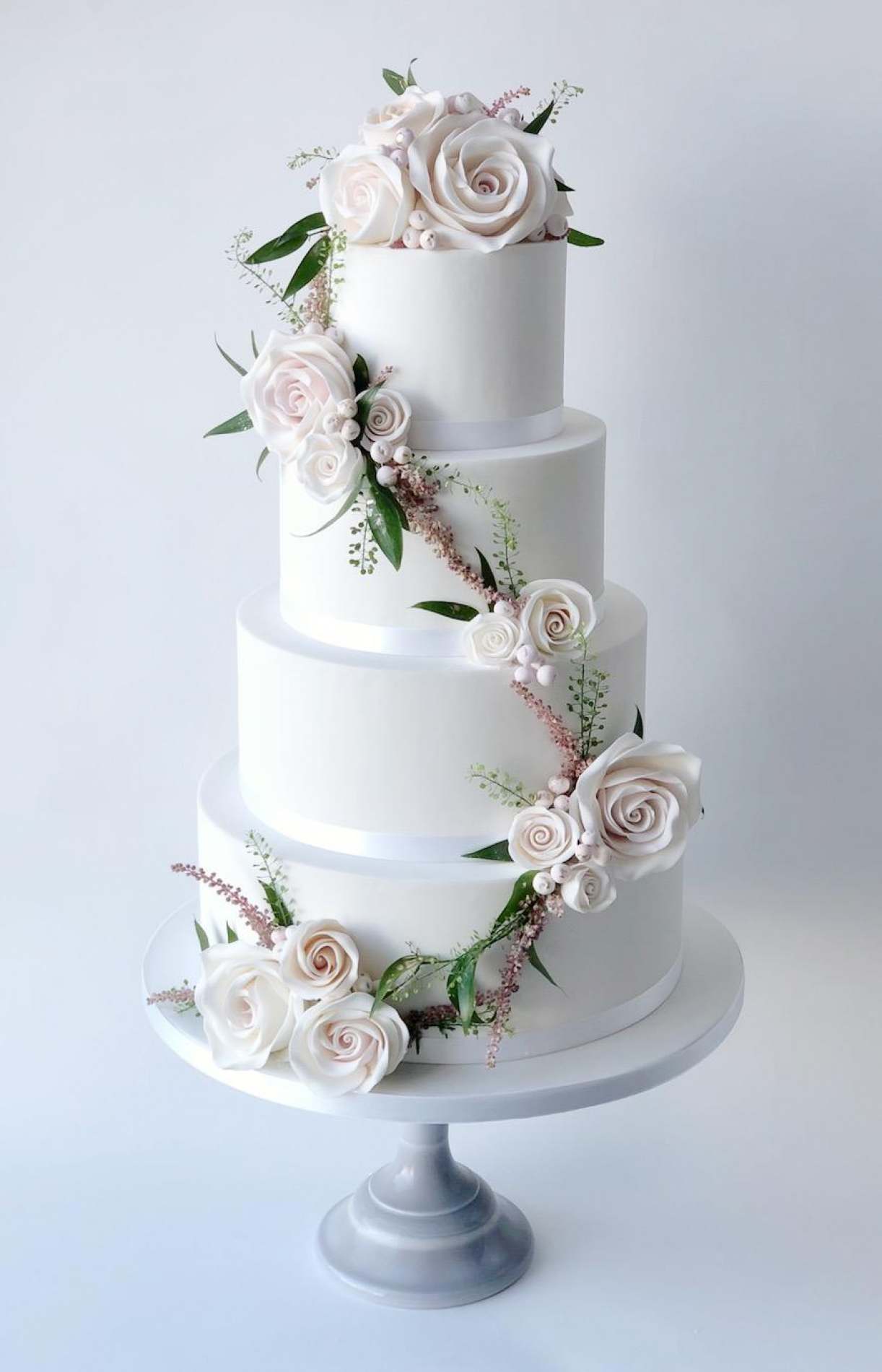 Blush Sugar Roses with Fresh Foliage Wedding Cakes