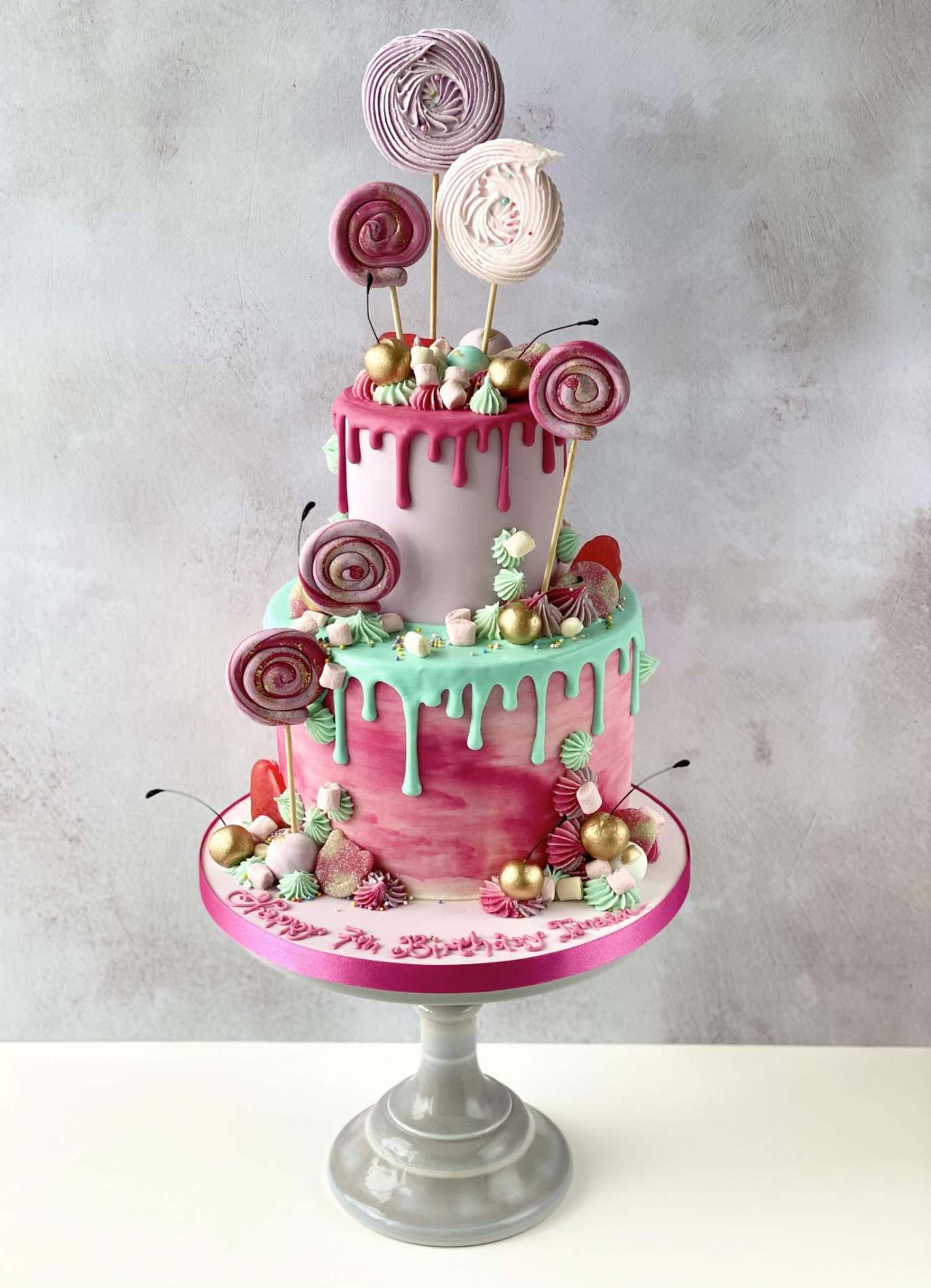 Two tier bright candy cake with golden cherries Birthdays